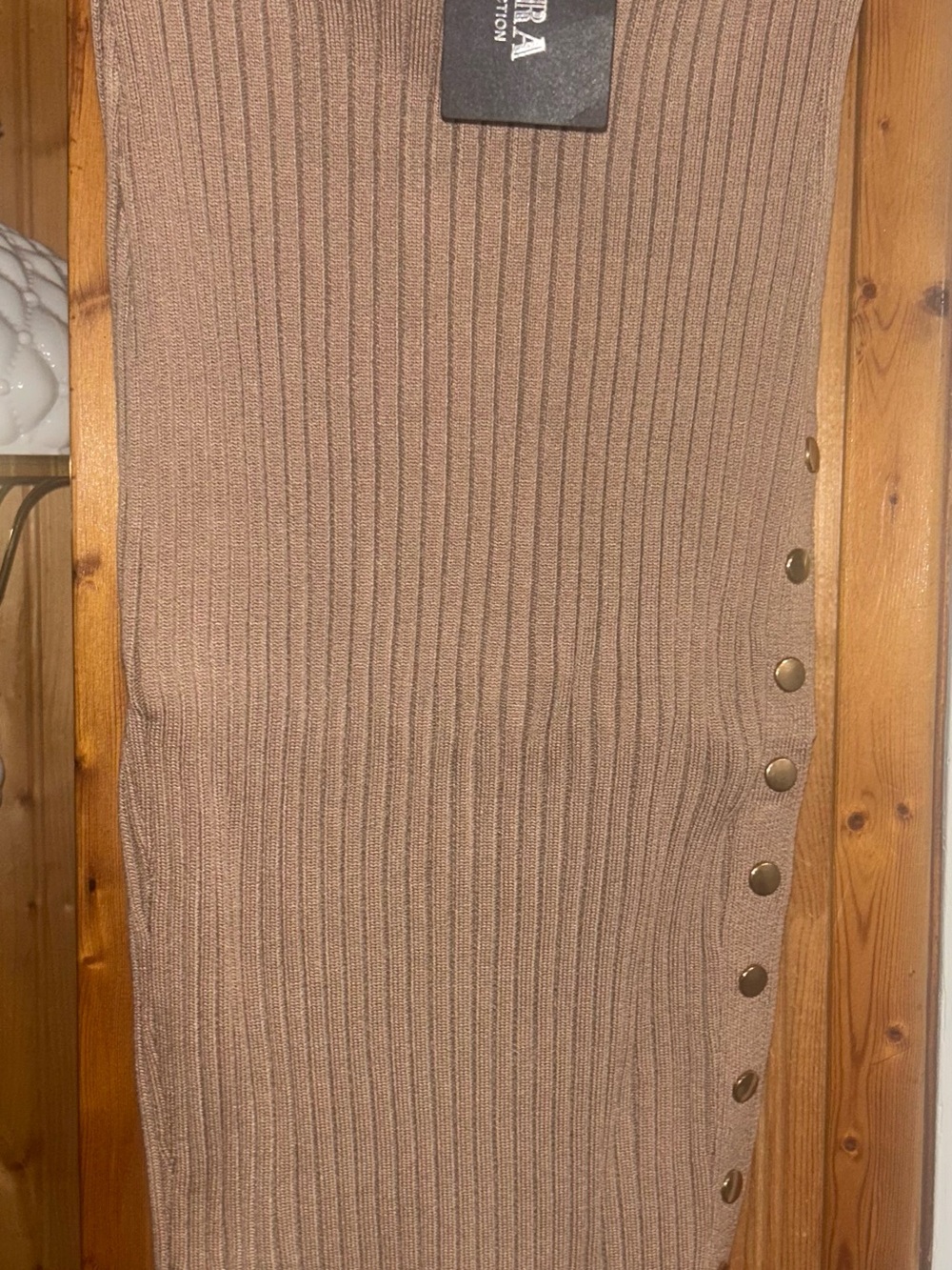Hera Collection Ribbed Pencil Skirt in Taupe with Gold Buttons